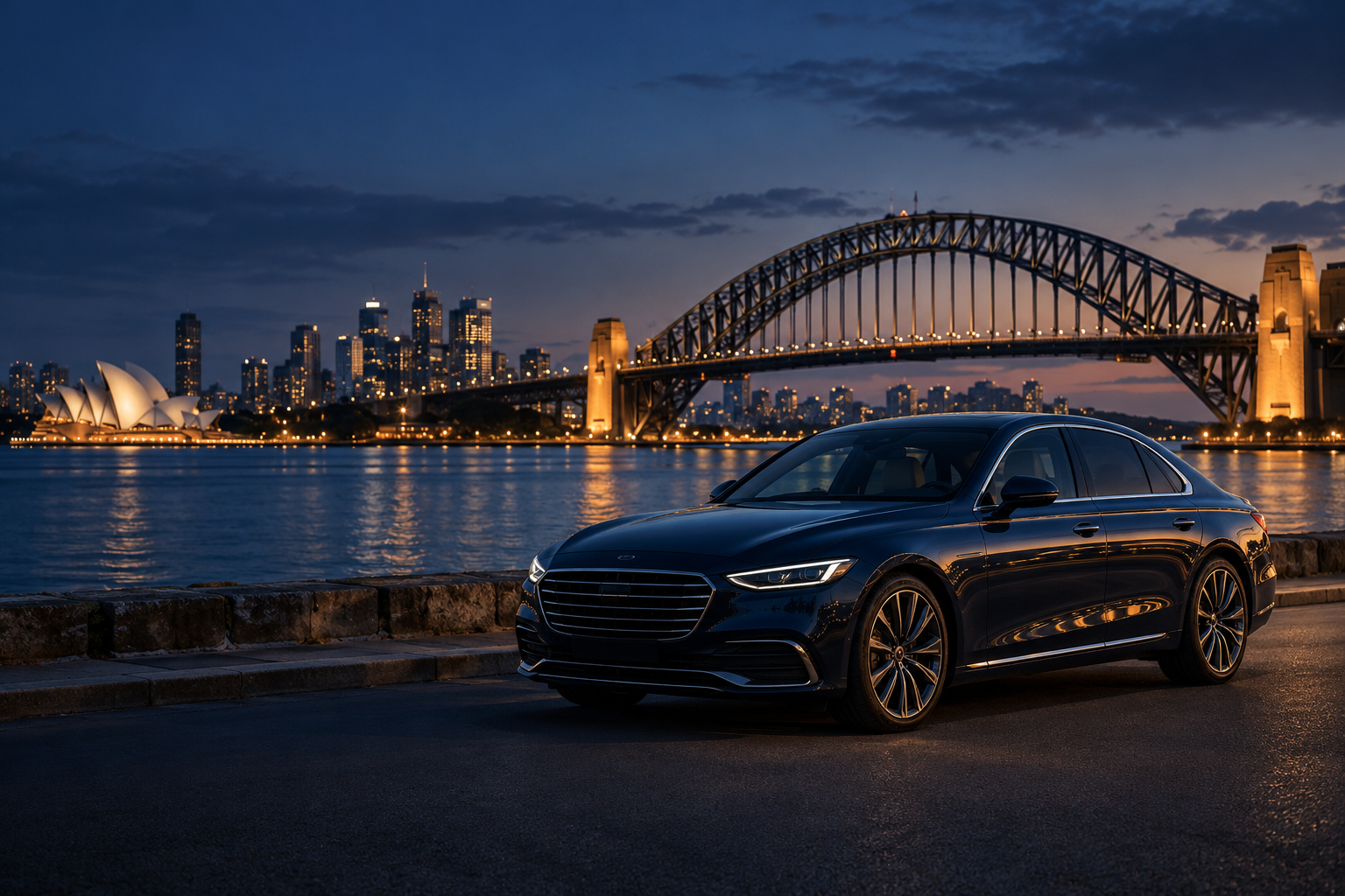 A midnight-blue sedan beside Sydney Harbour at dusk, with the Harbour Bridge in the distance