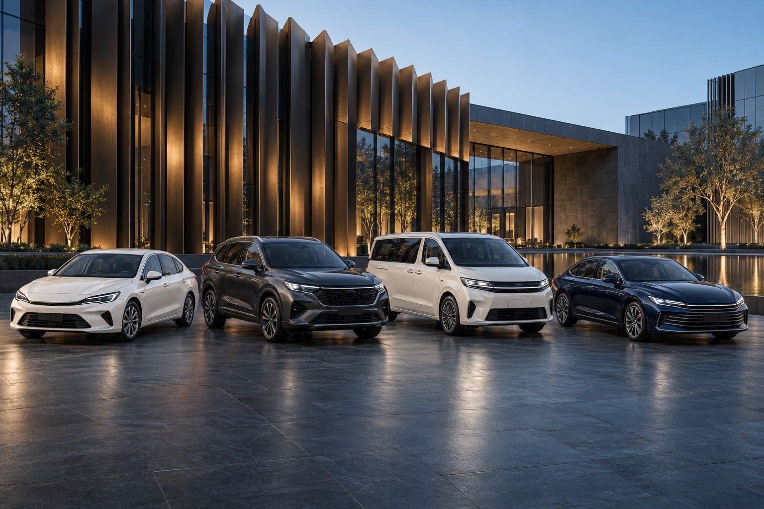 A compact car, SUV, people mover and luxury sedan arranged in a Sydney setting