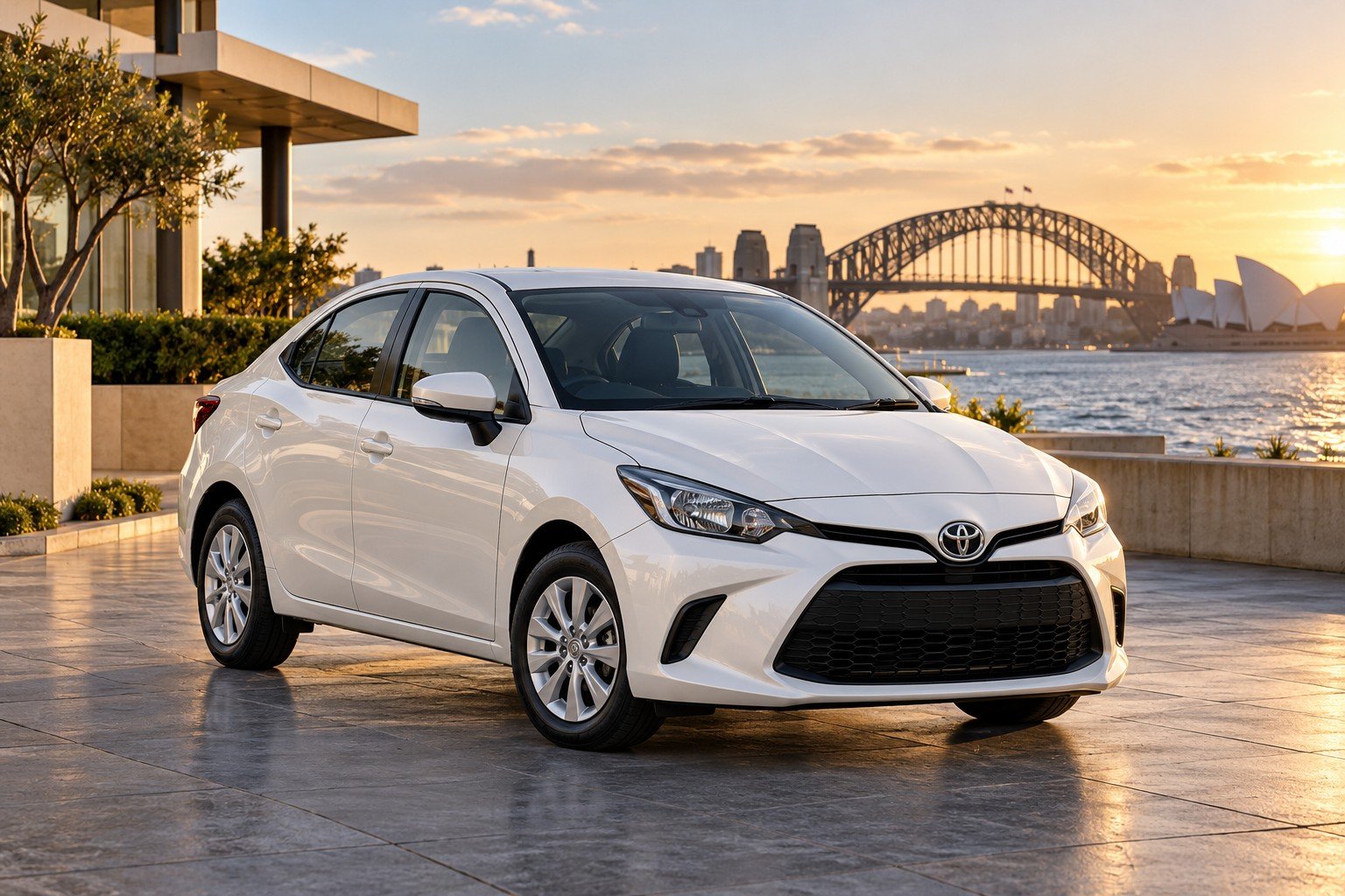 A dark navy sedan beside Sydney Harbour at golden hour